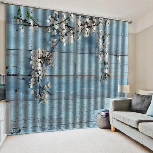 Curtains Light blue wooden board white flowers Luxury Blackout 3D Curtains For Living Room office Bedroom