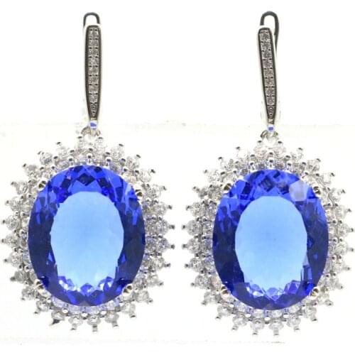 33x23mm Anniversary Jewelry Set Big Oval Gemstone 18x15mm Violet Tanzanite Cubic Zircon Women Dating Silver Earrings Pendant