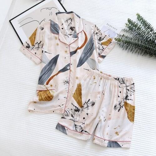 Viscose Women Pajamas Casual Turn-down Collar Short Sleeve Sleepwear Printed Summer Pyjama Shorts Female Homewear