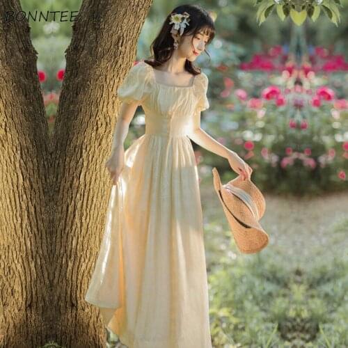 Puff Sleeve Dresses Women Folds Sweet Girls Retro Simple Solid Fashion Preppy Popular Teens Basic Elegant High Waist Harajuku