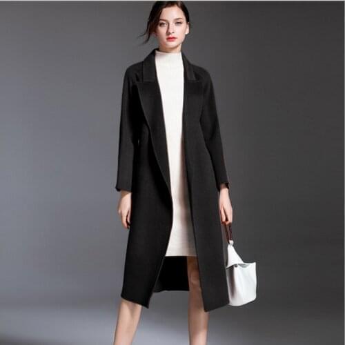 Grace Ladies Winter Black Woolen Coat Turn-Down Collar Belt Orange Pink Cashmere Overcoating Woman Lively Mid-Calf Slim Jacket