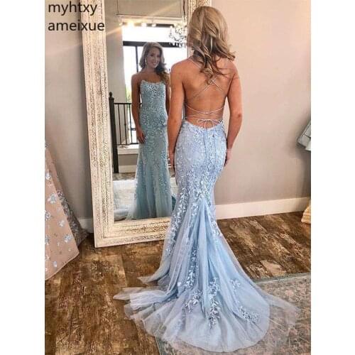 2020 New Sexy Spaghetti Strap Lace Tulle Mermaid Cutom Evening Dresses Party Long Prom Dress Formal Gown Robe De Soiree Longue