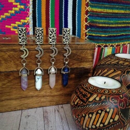 1 Dreadlock Bead featuring Crescent Moon Charm and your choice of Stone | Filigree Silver Toned Metal