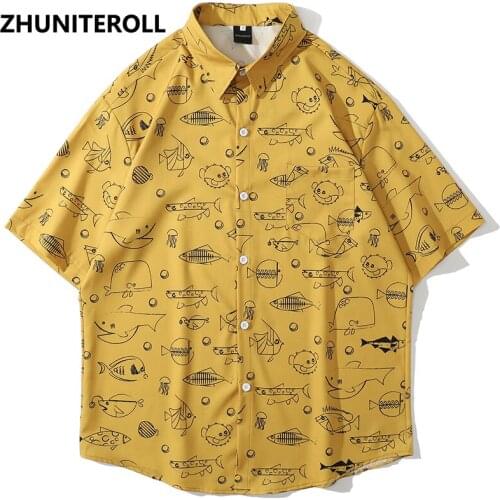 2021 Harajuku Hawaiian Beach Shirts Fish Graphics Print Hip Hop Button Shirt Mens Fashion Short Sleeve Holiday Party Blouse Tops