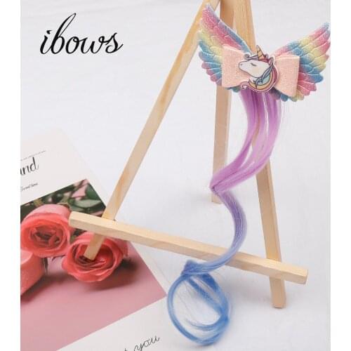 IBOWS Hair Accessories Unicorn Hair Clips for Girls Rainbow Glitter Wings Hair Bows Princess Kids Long Wig Hairpins DIY Crafts