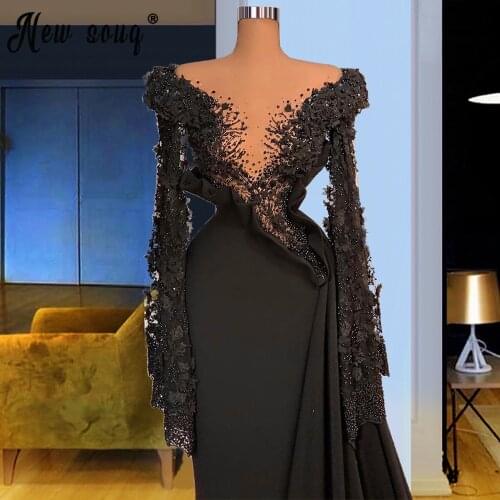 Arabic Black Mermaid Long Evening Dress Gowns 2021 Pearls Long Sleeve Sexy Vintage Prom Dresses Women Wedding Party Dress