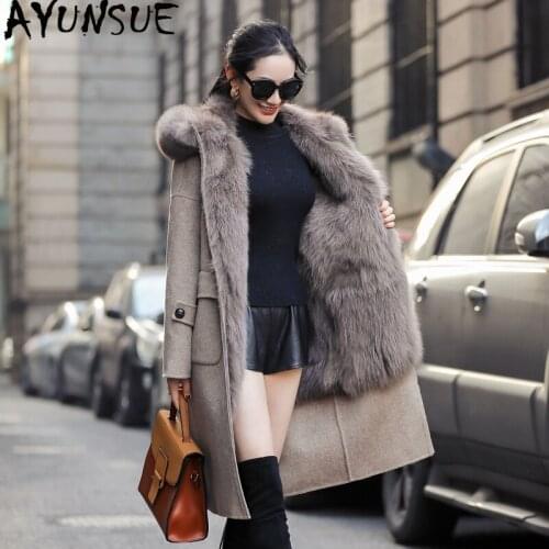 AYUNSUE Real Fox Fur Coat Winter Jacket Women Luxury Wool Coat Female Double Side Woolen Coat Korean Long Jacket Abrigo Mujer MY