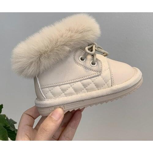 White 2021 Winter Baby Girl Boots Fashion Flanging Zip Kid Cotton Shoes Non-slip Soft Plush Warm Rabbit Fur Infant Snow Boots