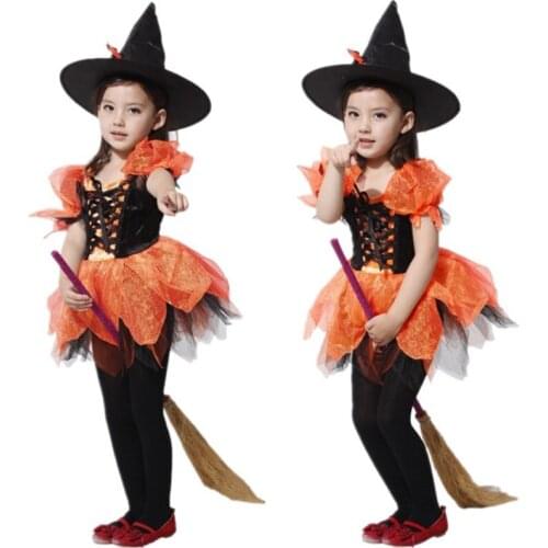 Free Shipping Kids Witch Girl Costume with Hat Carnival Halloween Masquerade Fancy Dress Costumes Cosplay Clothes for Children