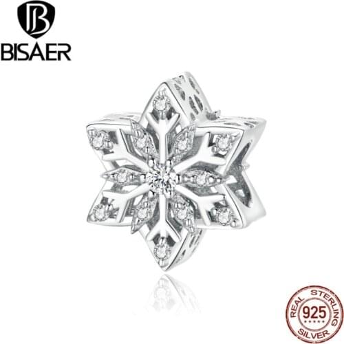 BISAER New Shiny Snowflakes Charms 925 Sterling Silver Beads Pendant DIY Bracelets Necklace 2020 Jewelry Gift EFC368