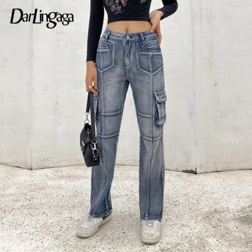 Darlingaga Vintage Fashion Gradient Cargo Pants Women Low Waist Jeans Y2K Pockets Straight Denim Trousers Aesthetic Jeans Capris