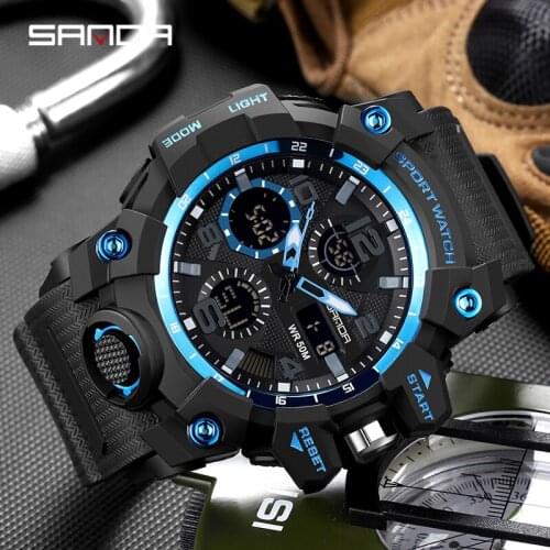 SANDA Fashion Sports Mens Watch G Style Military Waterproof Quartz Dual Display LED Luminous Mens Watch Relógio masculino