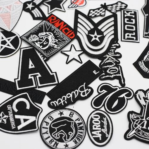 Black and White Patches for Clothes Iron on Letter Appliques DIY Skull Stripes Embroidery Sticker Round Badges