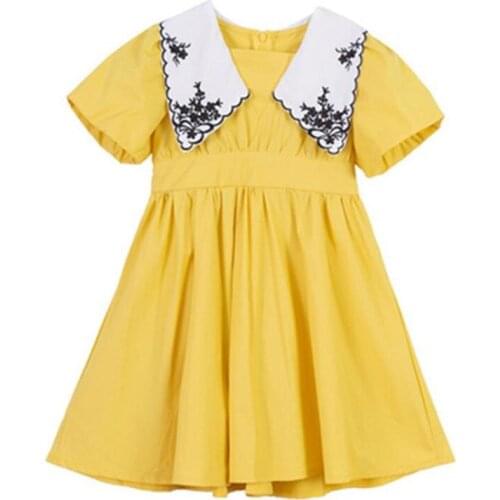 DFXD 2-7T Toddler Summer Dress Embroidery Hook Flower Collar Puff Sleeve Retro Princess Dress Girls Party Dress Children Clothes