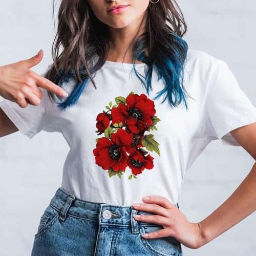 Cute Flower Print T-shirts Women Soft Girl Style Round Neck Youth Soft Girl Short Sleeve Cartoon Leisucre Series Tshirt womens