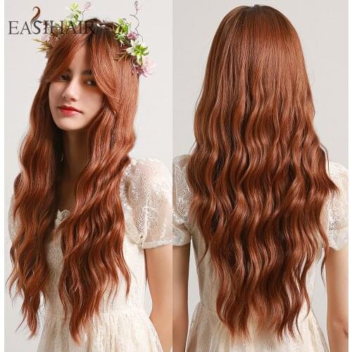 EASIHAIR Long Wavy Black to Orange Ombre Synthetic Wigs Amber Natural Wigs with Bangs Wedding Princess Hairstyles Heat Resistant