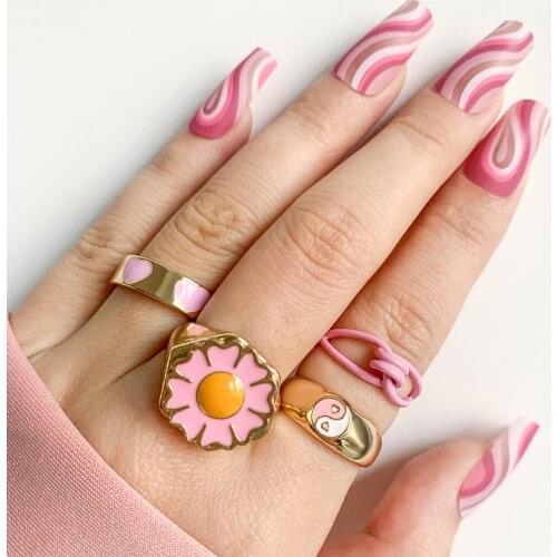 Ins Style Colorful Dripping Oil Round Yinyang Love Heart Rings Set for Women Aesthetic Golden Heart Couple Rings Fashion Jewelry