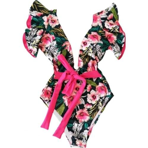 Lady One Piece Monikini Deep V Neck Floral Print Swimsuit Summer Women Ruffle Sleeve Swimwear for Beach