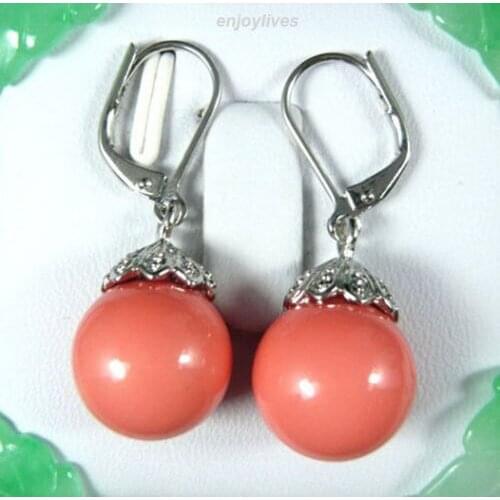 Hot sale new Style Pink Coral Beads White Earrings 12mm Genuine Lucky Ladys jewelry Fine Woman