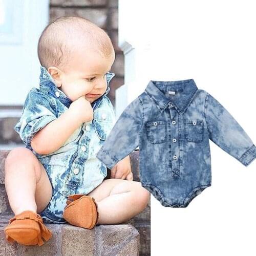 Fashion Newborn Infant Kids Baby Boy Girl Solid Denim Long Sleeve Jumpsuit Bodysuit Clothes Autumn Casual Outfit 0-24M