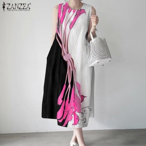 Casual A Line Dresses Oversize Fashion Floral Print Midi Dress 2021 Summer Sleeveless Robe Women Elegant O Neck Tank Vestido