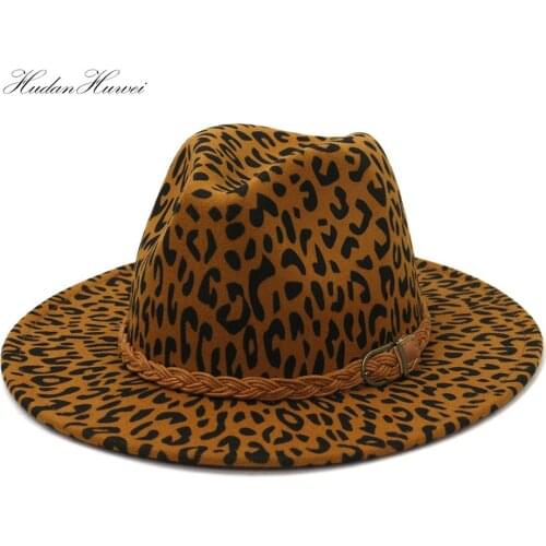 Flat Eaves Leopard Print Woolen Felt Fedora Hat for Women Men Jazz Panama Wide Brim Leather Belt Cotton Unisex Hat