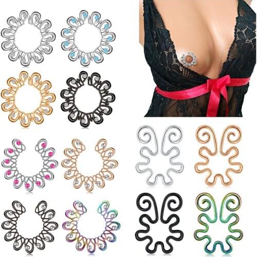 1 Pair Fake Nipple Ring Stainless Steel Non-Piercing Nipple Piercing Clip On Nipplerings Faux Body Piercing Jewelry for Women