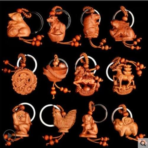 Peach wood Woodcarving Pendant with key fastener of zodiac sign Rat Tiger Rabbit Dragon Snake Dog red rope gift Decoration home