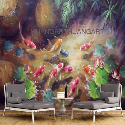 Professional Artist Pure Hand-painted Animal Vertical Rectangle Fish Koi Oil Painting on Canvas Large murals Chinese Fish Carp