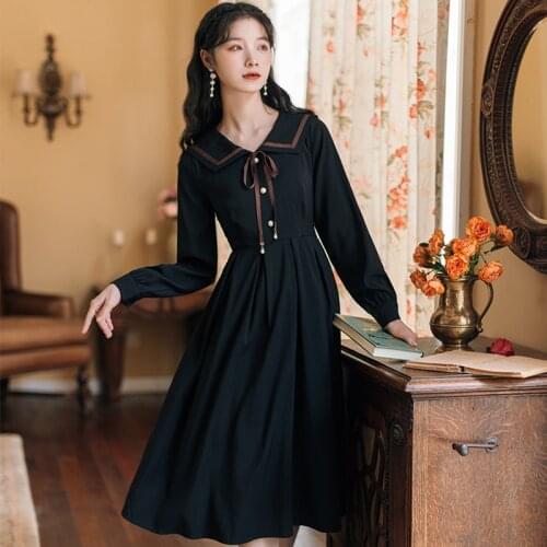 Simple French Apricot Dress Navy Collar College Style Bow Tie Thin Pearl Buttons Retro Style Vestidos Girl Elegant Black Dresses