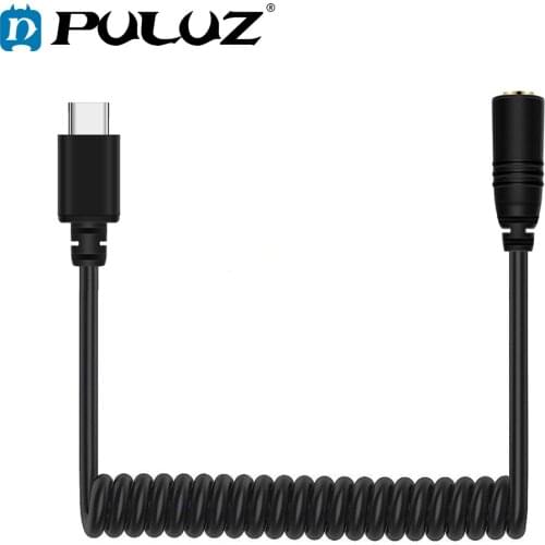 PULUZ 3.5mm TRRS Female to Type-C/USB-C Male Live Microphone Audio Adapter Spring Coiled Cable For DJI OSMO Pocket,Samsung,Huawe
