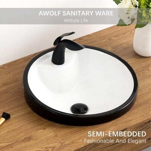 Bathroom Sinks Semi Embedded Ceramic Vessel Modern Black White Round Washing Basin Bowl With Drain Soft Hose AM932