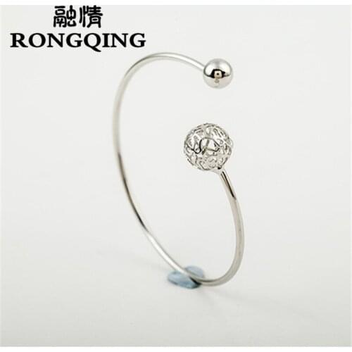 RONGQING Classic Solid Ball and Hollow Ball Open Size Bracelet Women Simple Adjustable Bracelet Bangles