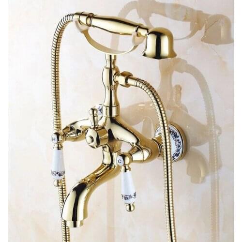 Luxury Gold Color Brass Two Ceramic Lever Base Clawfoot Bathroom Wall Mounted Handheld Shower Bath Tub Faucet Mixer Tap atf411