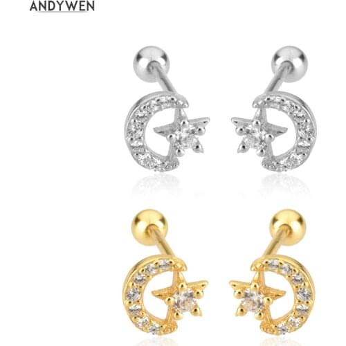 ANDYWEN 925 Sterling Silver 2021 Clear Zircon Moon Stud Earring Piericng Clips Luxury Rock Punk Party Gift Valentiens Jewelry