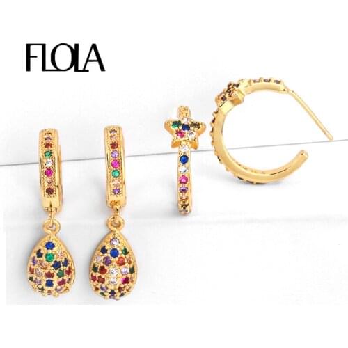FLOLA CZ Rainbow Teardrop Earrings For Women Crystal Star Huggie Earrings Small Cubic Zirconia Gold Filled Women Jewelry ersq17