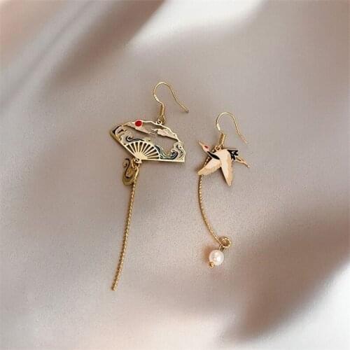 Fan Earrings, Sector Drop Earrings, Small Fan Earrings, Sector Earrings, Chinese Style, Fish Mismatched Earrings, Oriental SX2D
