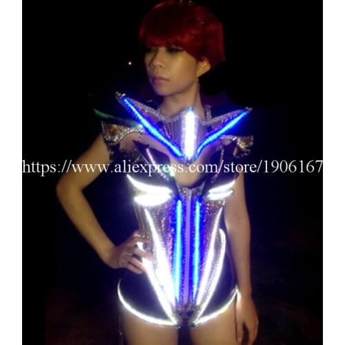 Led Ballroom Singer DJ Performance Costumes Clothes Sexy Lady Party Stage Luminous Evening Dress Led Female Warrior Armor