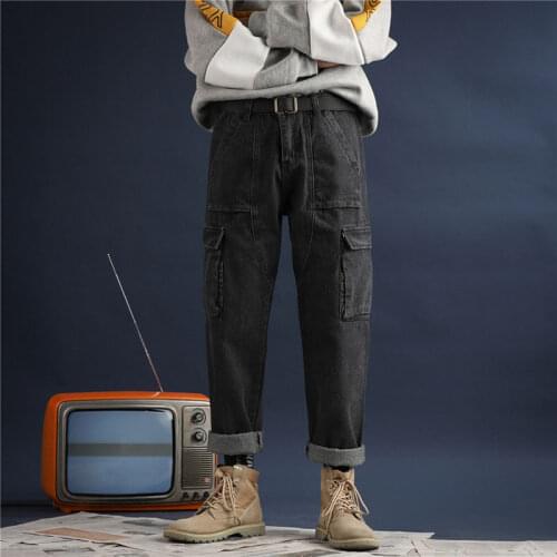 Thicken denim jeans mens winter 2021 new three-dimensional tailoring multi-pocket overalls loose teenager denim trousers