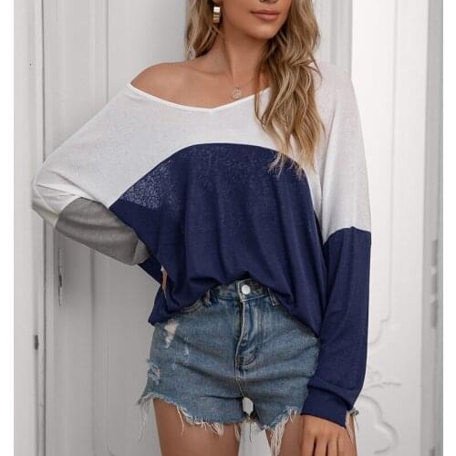 Spring Ladies Casual Loose Contrast Color Stitching Top Fashion Long-Sleeved T-Shirt Tops