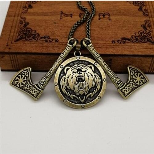 Vintage Nordic Knot Slavic Axe Bear Head Pendant Retro Nordic Rune Viking Amulet Mnes Necklace