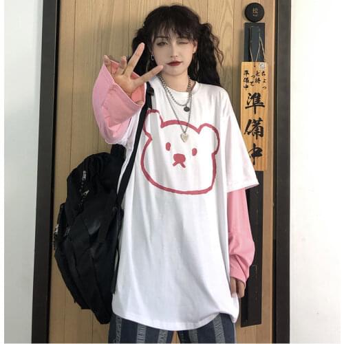 Long-sleeved t-shirt womens autumn clothing 2021 new Korean version INS retro bear print loose fake two-piece tops streetwear