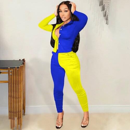 Women Wear Color Block Two Piece Set Hipster High Street Buttons Up Long Sleeve Blouse and Jogger Sweatpant Suits