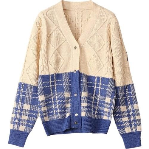 Autumn Women Vintage Sweater Cardigan Single Breasted Loose Korean Plaid Knitted Outwear Top Pull Female High Quality Jumper