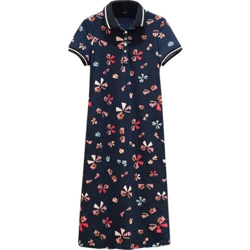 VSUE Women Navy Blue Turn Down Collar Print Cotton T-shirt Dress Short Sleeve Button Knee Length Dress Oversize D2577