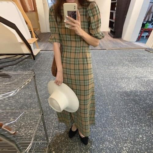 2021 New Summer Vintage Women Cotton Long Plaid Dress Sashes Slim Waist A-line Pullover V Neck Maxi Sundress