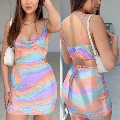 Women Tie-dye Dress Adults Tie Up Backless Low-cut Boat Neck Spaghetti Strap