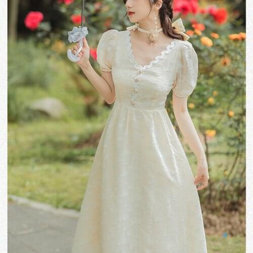 Retro Girl V-neck Sexy Fashion Dress Summer Jacquard Vintage Puff SleevesThin Temperament French Party Dress With Flower Collar