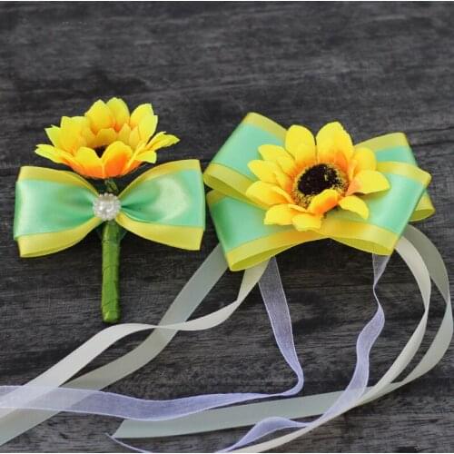 1 Piece Handmade Corsage Wedding Supplies Sunflower Groom Boutonniere Bride Bridesmaid Hand Wrist Flower Artificial Flower