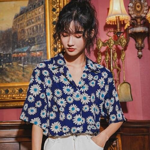 2021 Summer Casual Floral Pirnt Womens Blouse Notched Collar Short Sleeve Shirt Ladies Tops Loose Button Up Female Clothing
